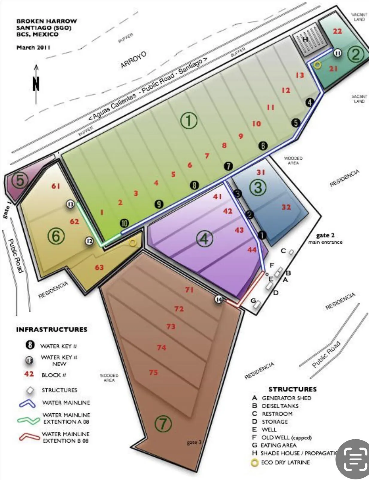 Site plan of Broken Harrow, Santiago, Mexico, March 2011. The plan shows numbered plots, roads, and infrastructure like water keys and structures.