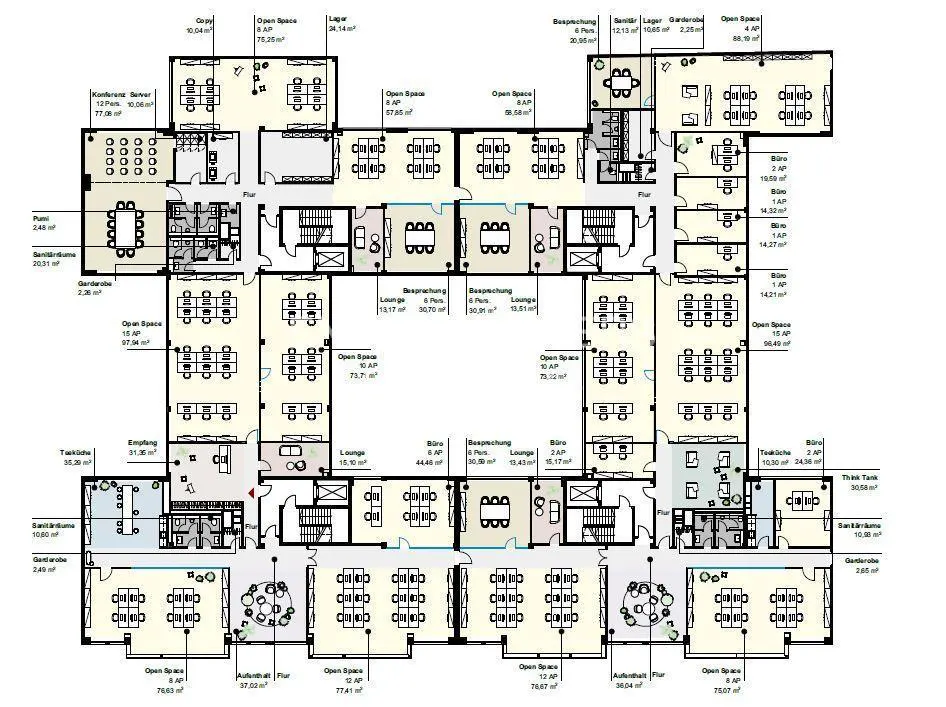 Floor plan of a large office space with open areas, offices, conference rooms, lounges, and restrooms. The layout is detailed with furniture.