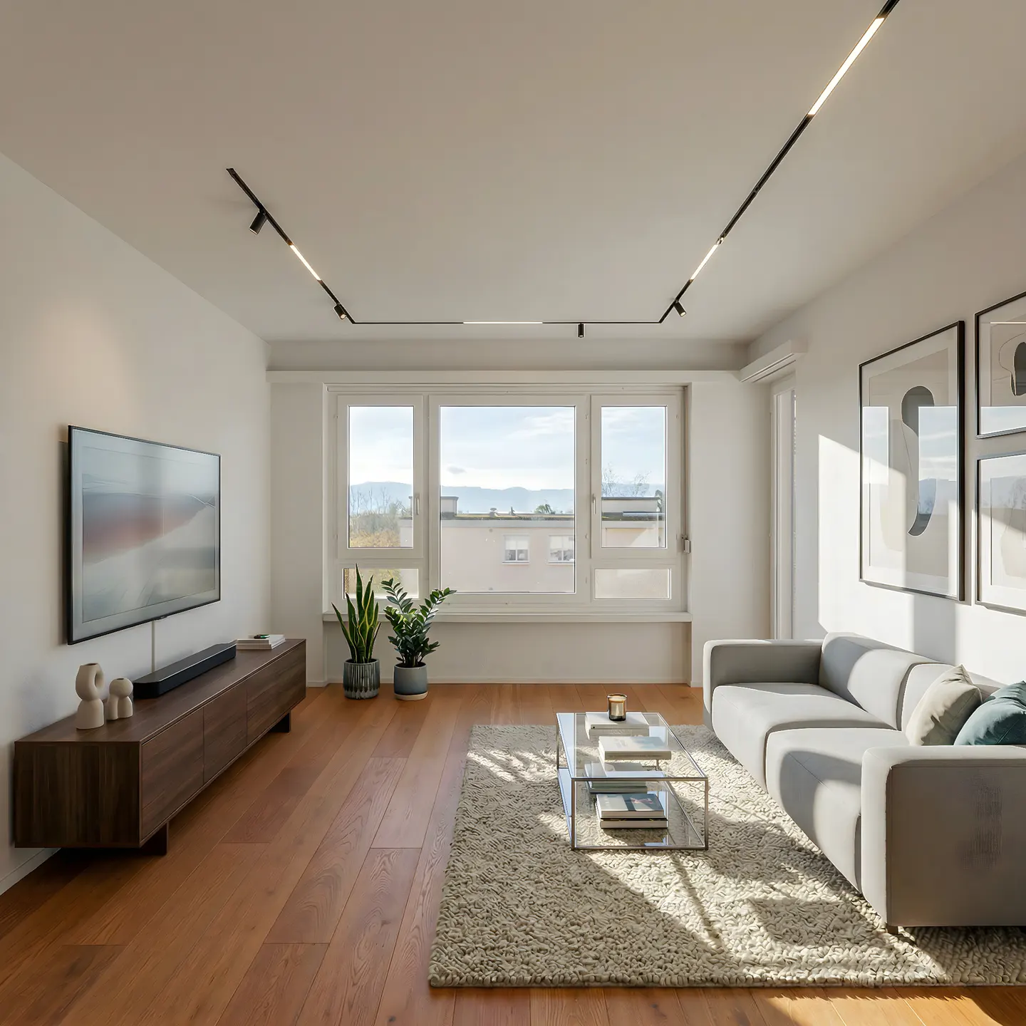 Bright living room with wood floors, a gray sofa, and a glass coffee table on a textured rug. A large window offers a view of the outside.