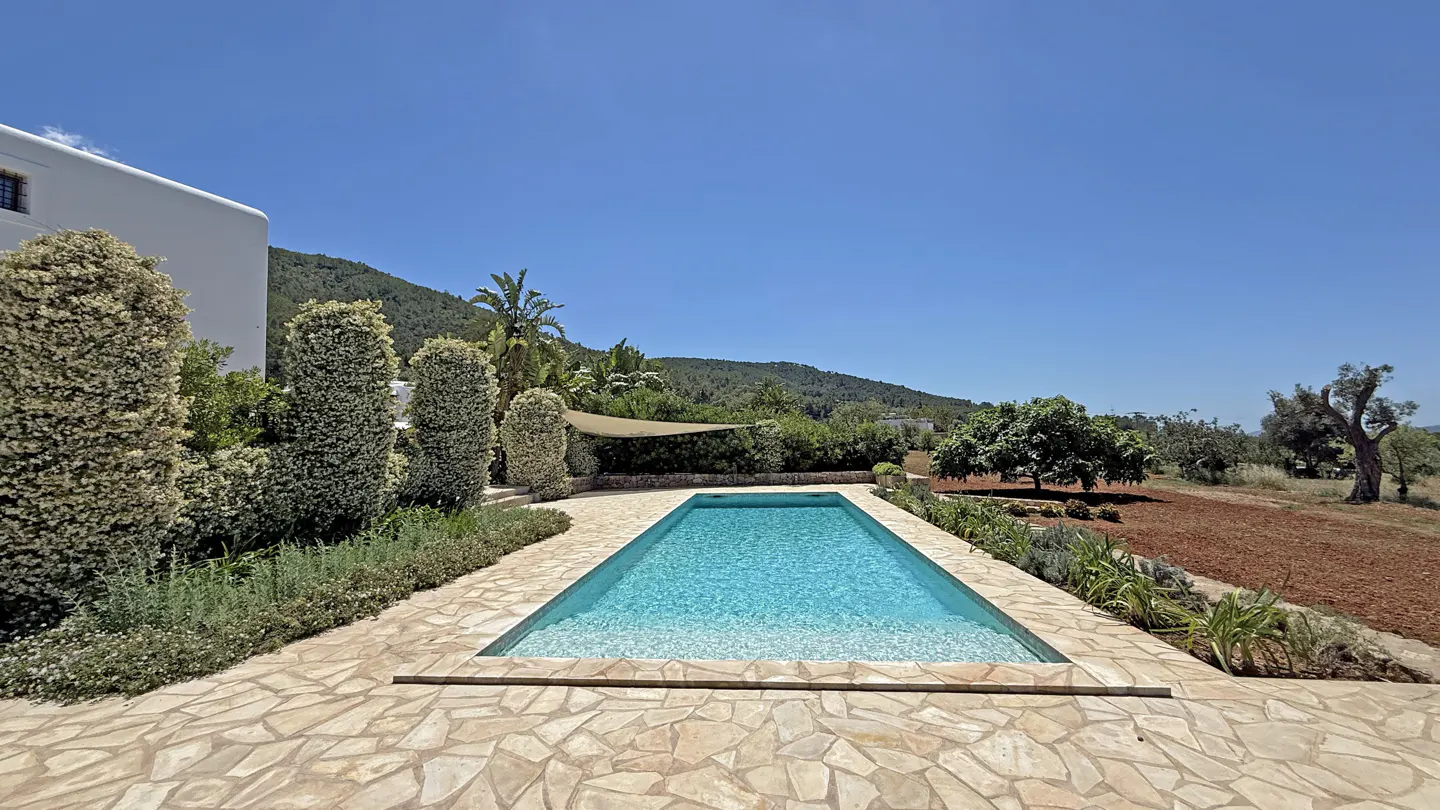 A rectangular pool with blue water is surrounded by stone tiles and greenery, under a clear blue sky.