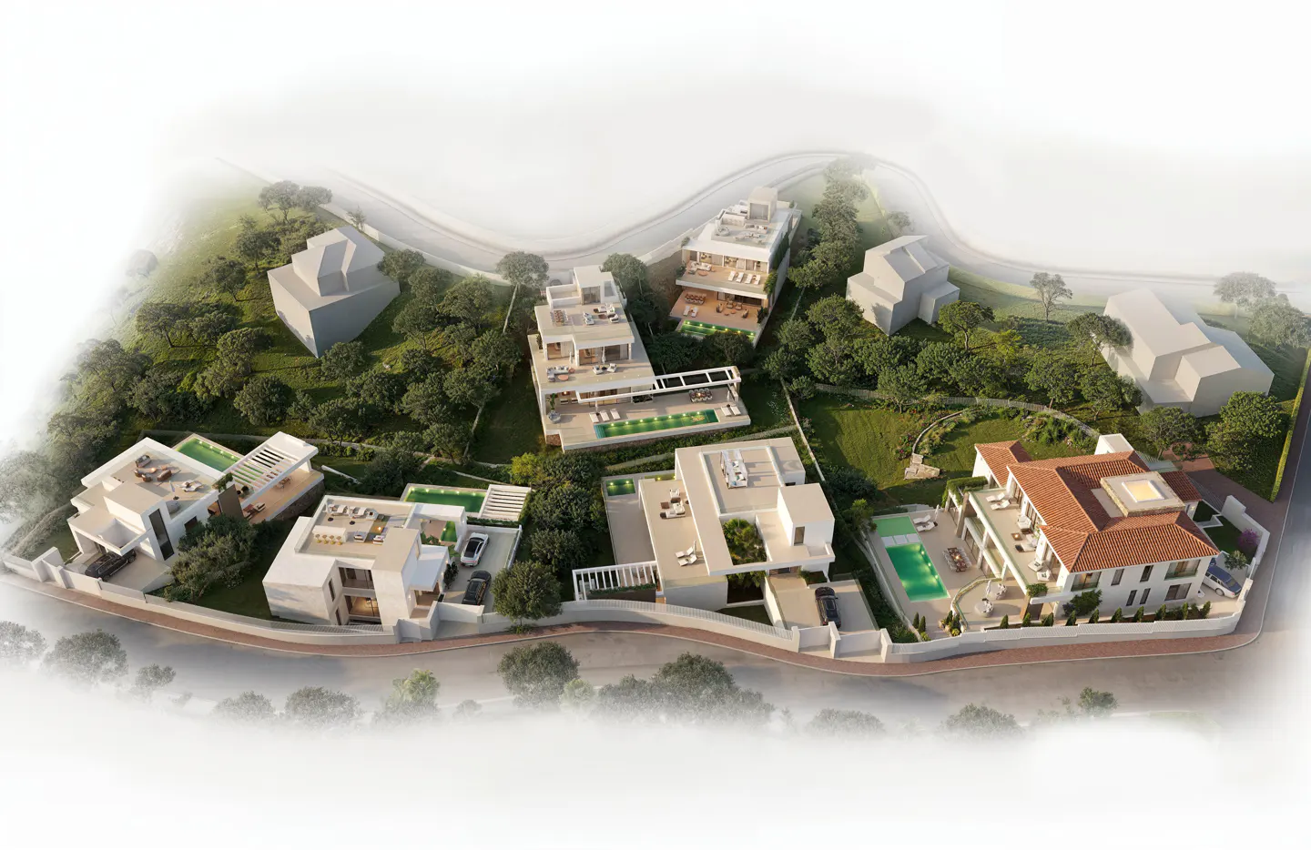 Aerial view of modern white houses with pools, surrounded by green trees and a winding road.