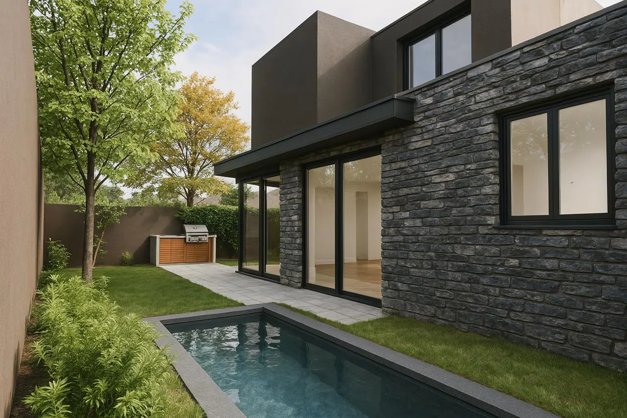 Modern home exterior with a small pool, stone wall, and black trim. A built-in grill sits on a patio near the green lawn.