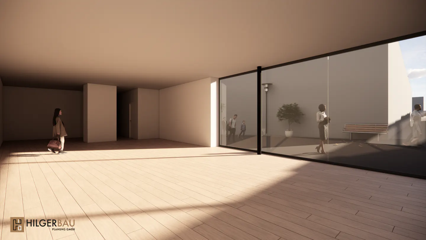 Rendering of a bright, empty room with wood floors and a large glass wall showing people outside.