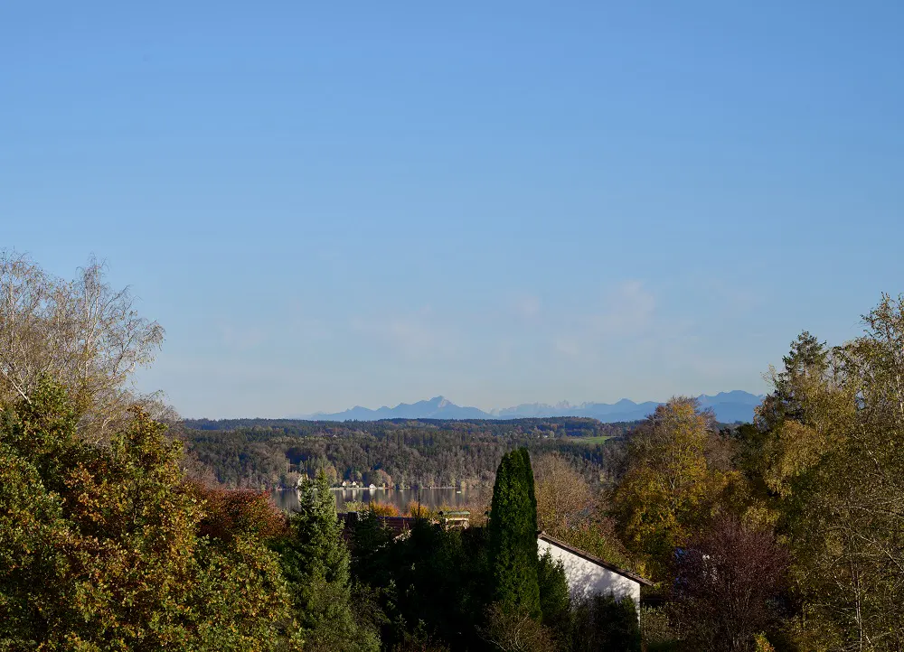 Scenic view of a lake surrounded by trees with mountains in the distance under a clear blue sky.