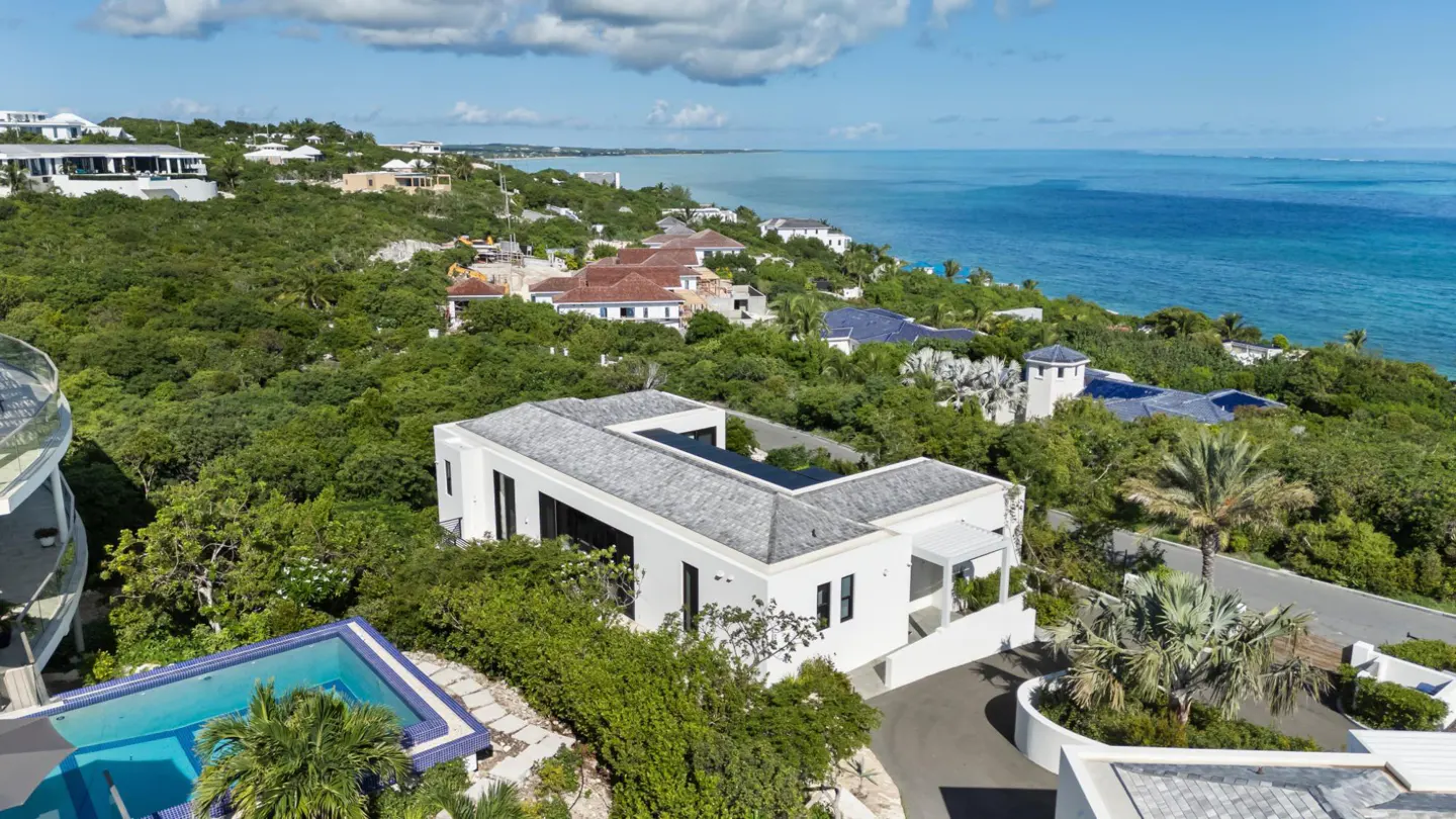 Aerial view of a modern white house with a gray roof, surrounded by lush green trees, with a blue pool and ocean in the background.