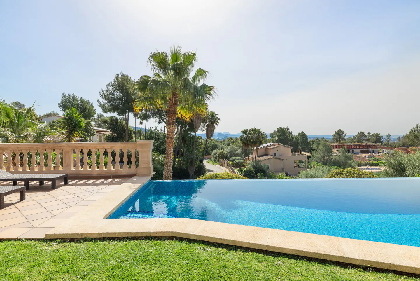 Infinity pool with turquoise water, stone patio, and palm tree. Houses and trees are visible in the background.