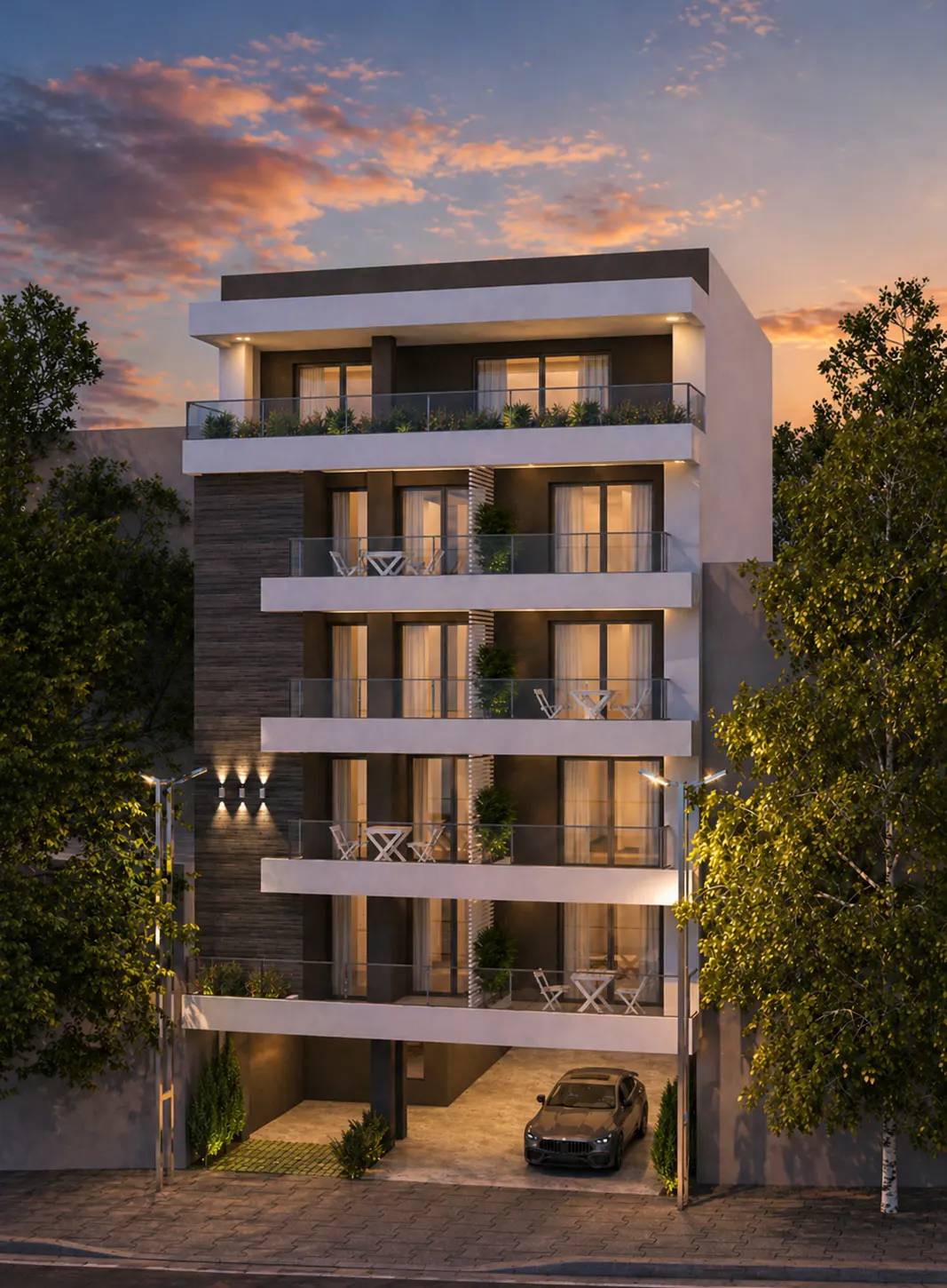 Modern four-story apartment building with balconies at dusk. A car is parked in the garage.