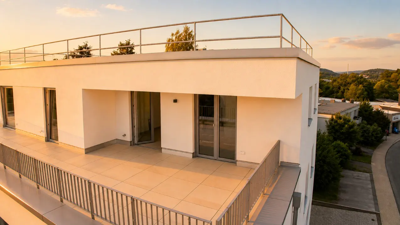 Exterior view of a modern white building with a rooftop terrace and metal railings, bathed in warm sunset light.