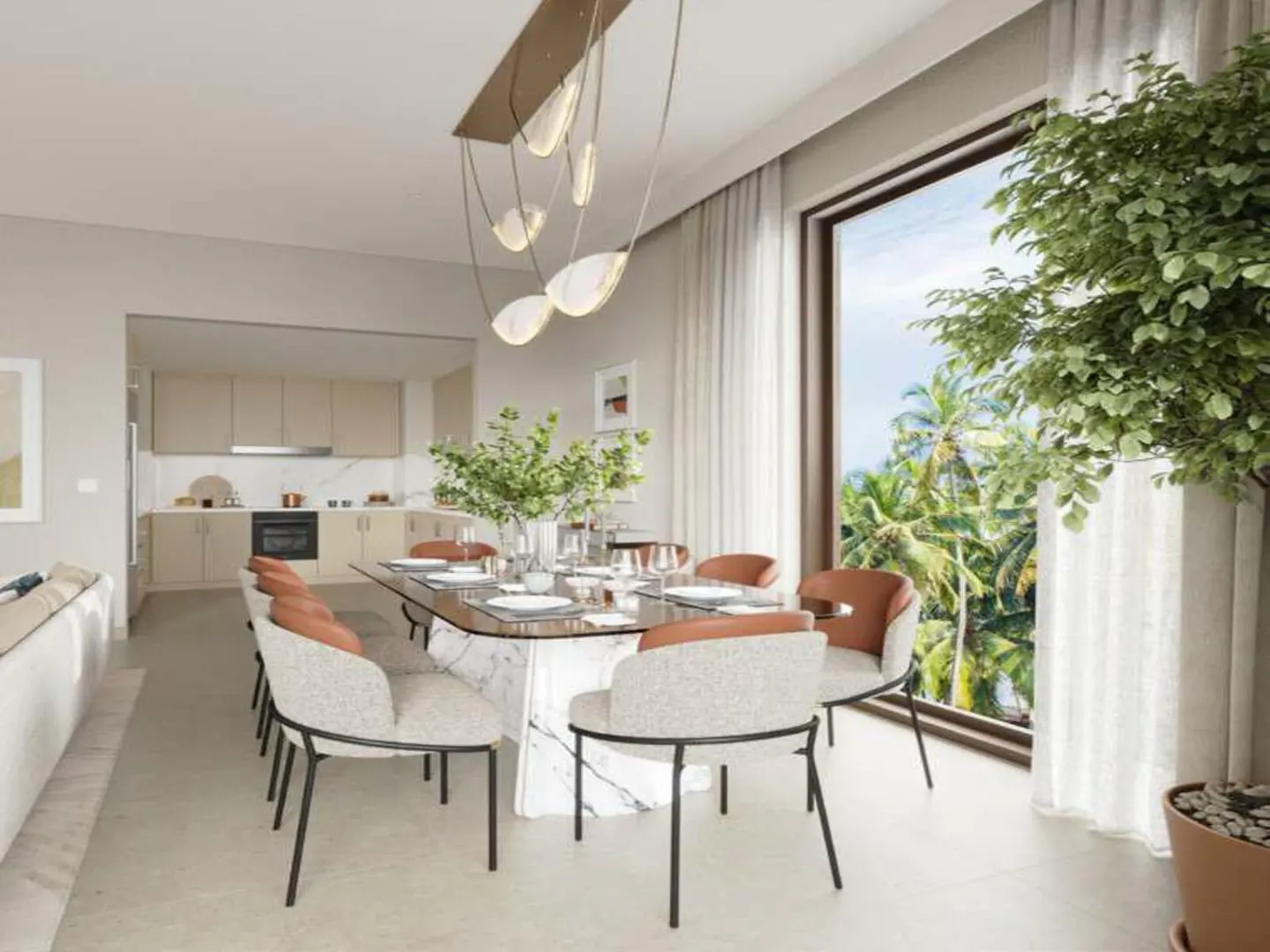 A bright dining room with a marble table, upholstered chairs, and a large window with a view of palm trees.