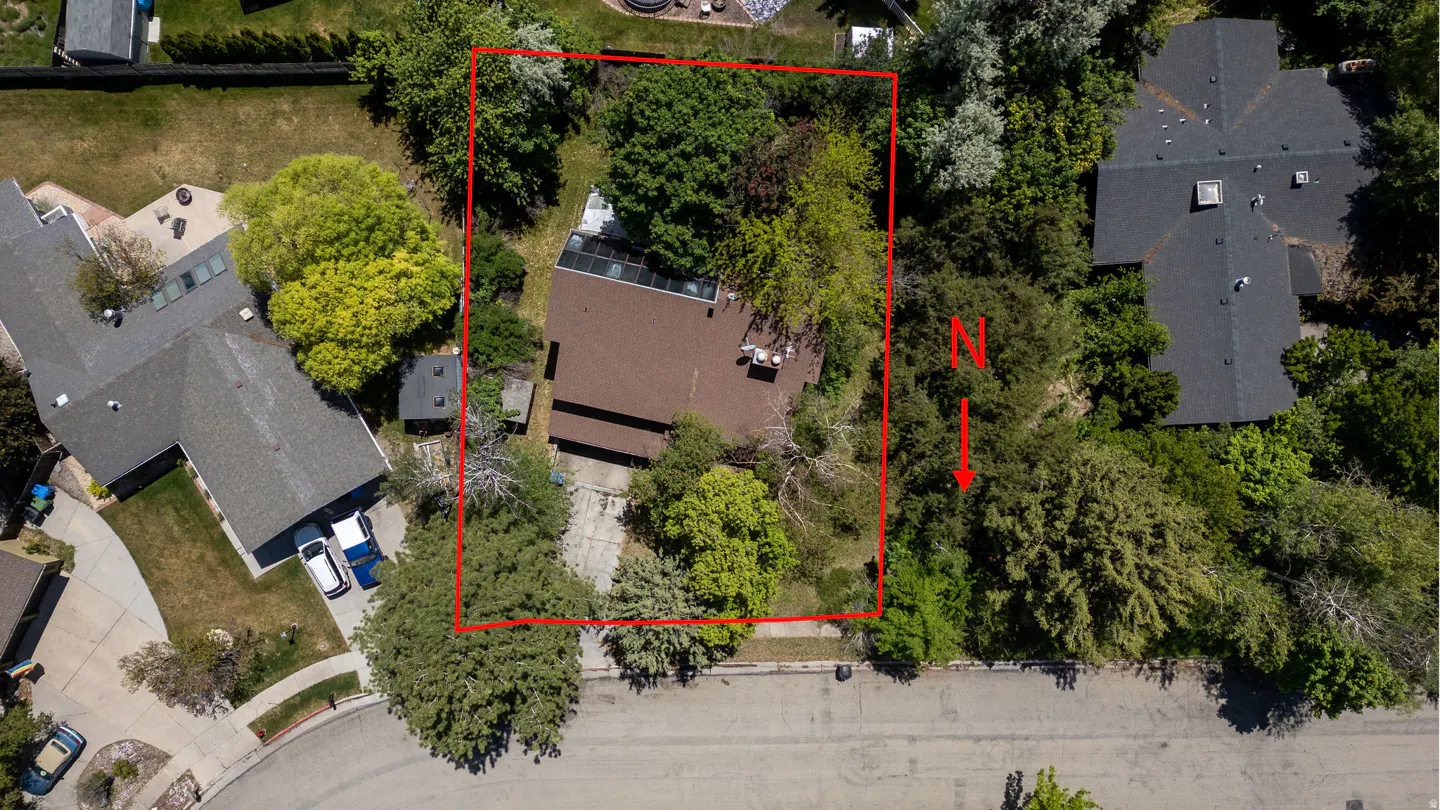 Aerial view of a brown-roofed house surrounded by green trees, marked with a red border. An arrow indicates north.