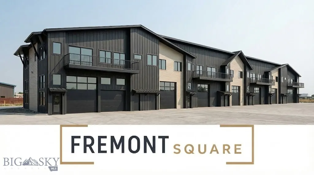 Modern two-story townhouses with black siding, balconies, and garage doors. "Fremont Square" logo at the bottom.