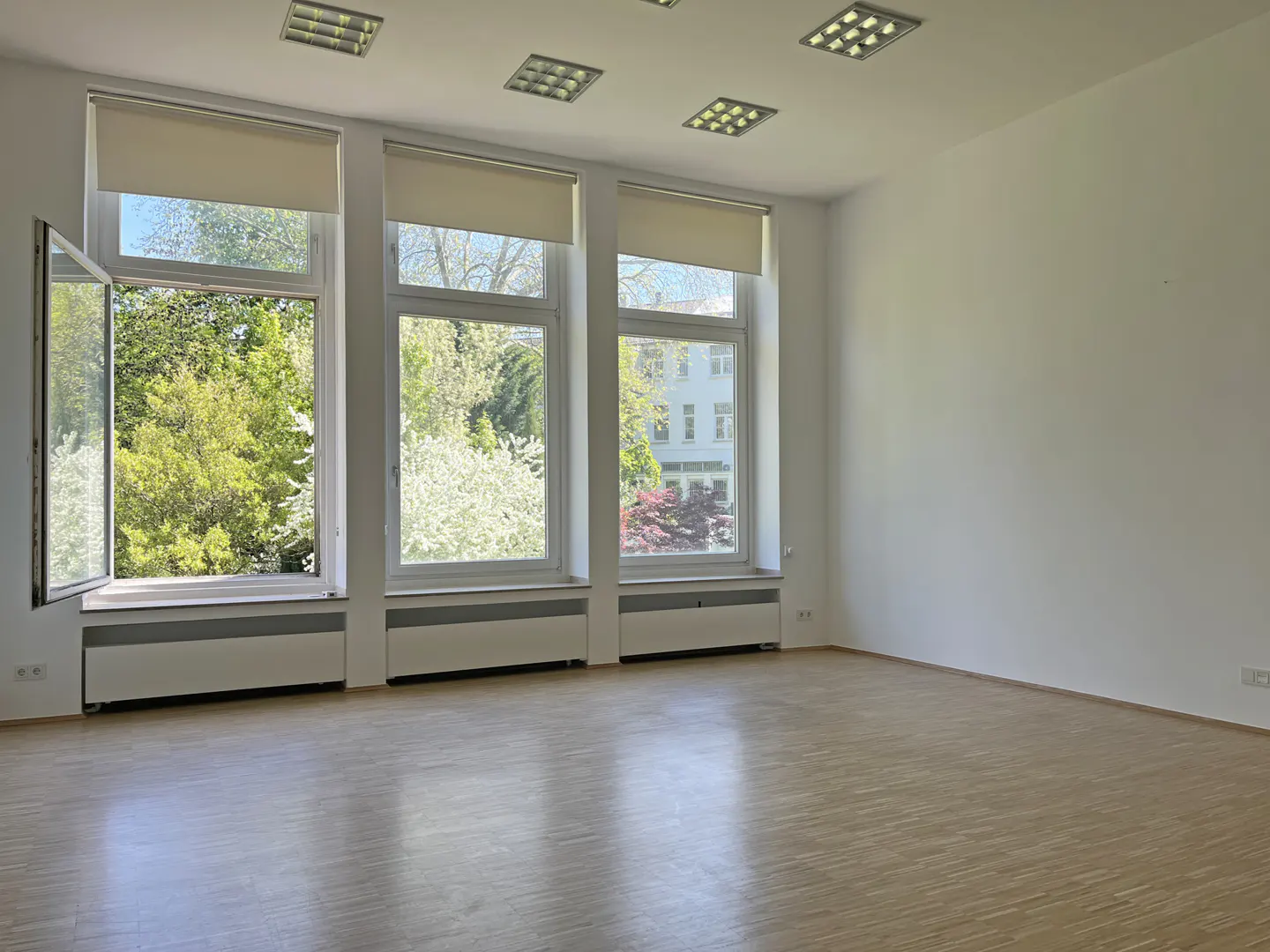 Bright, empty room with wood floors, white walls, and three large windows with beige roller shades. One window is open, revealing green trees outside.