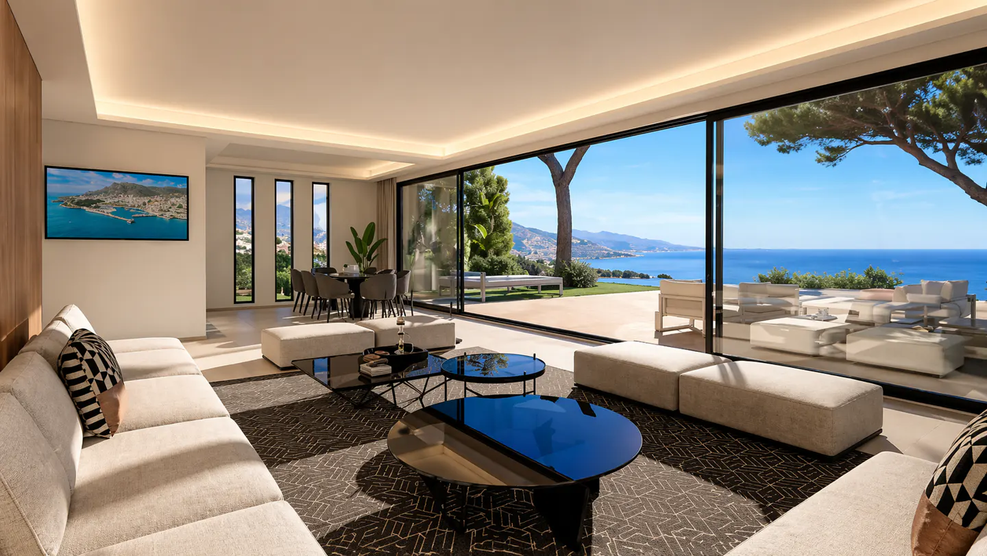 Bright living room with beige sofas, black tables, and a patterned rug. Large sliding glass doors open to a patio with ocean views.