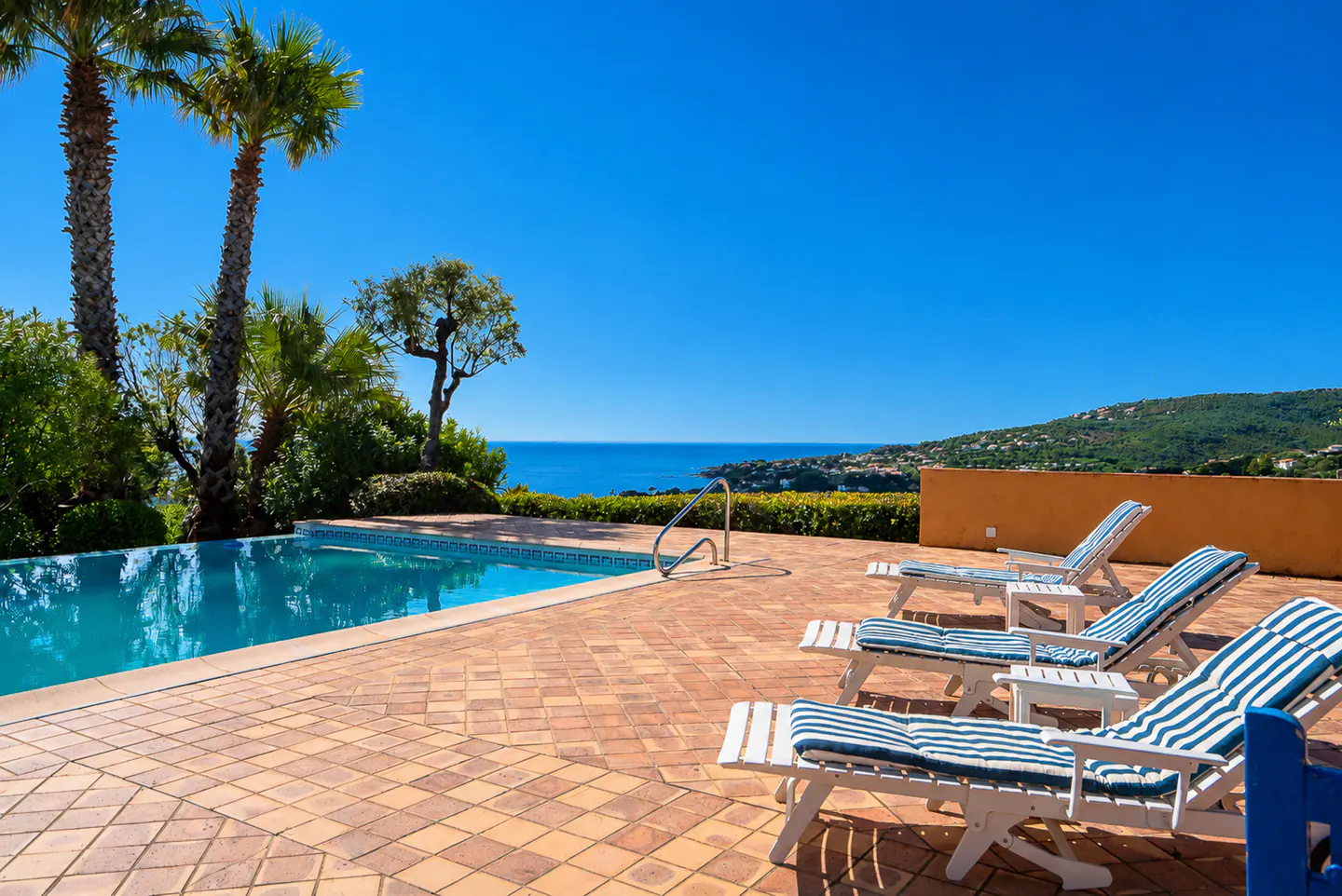 Outdoor pool area with lounge chairs, palm trees, and ocean view under a clear blue sky.