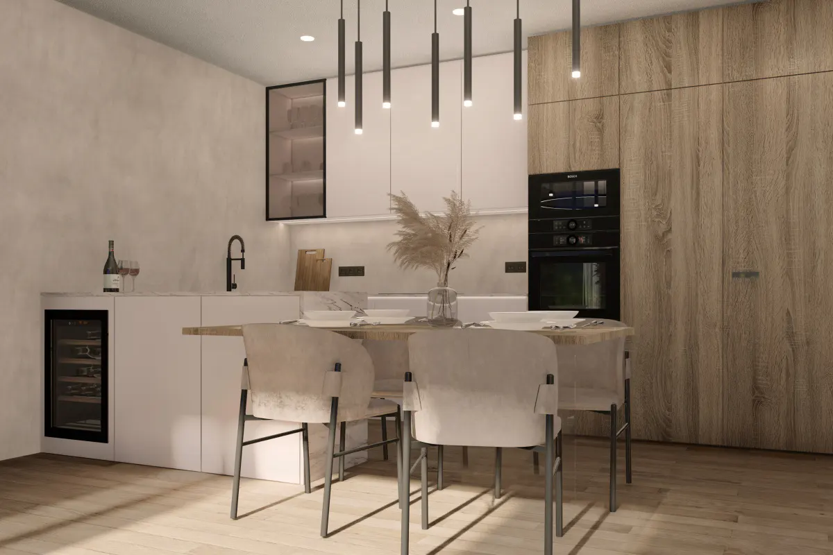 A modern kitchen with a dining table, chairs, and a wine cooler. The cabinets are light wood, and the walls are white.