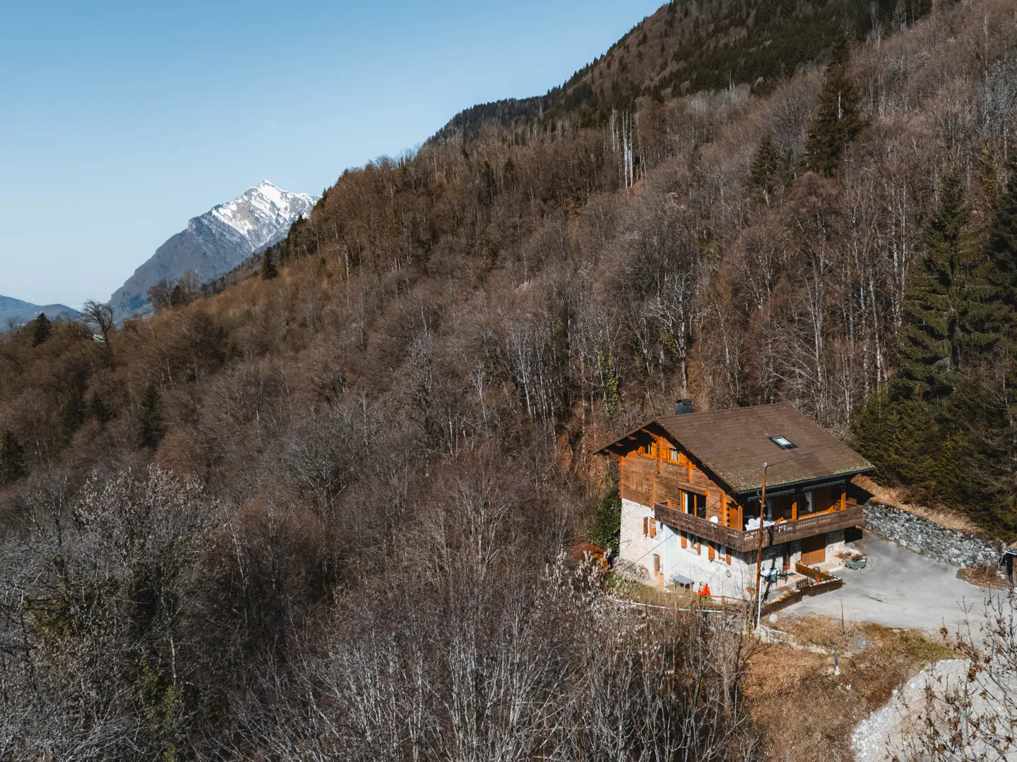A chalet with a brown roof sits on a hill surrounded by trees, with a snow-capped mountain in the background.
