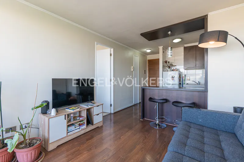 A living room with a TV, a gray sofa, a kitchen counter with two stools, and wooden floors.