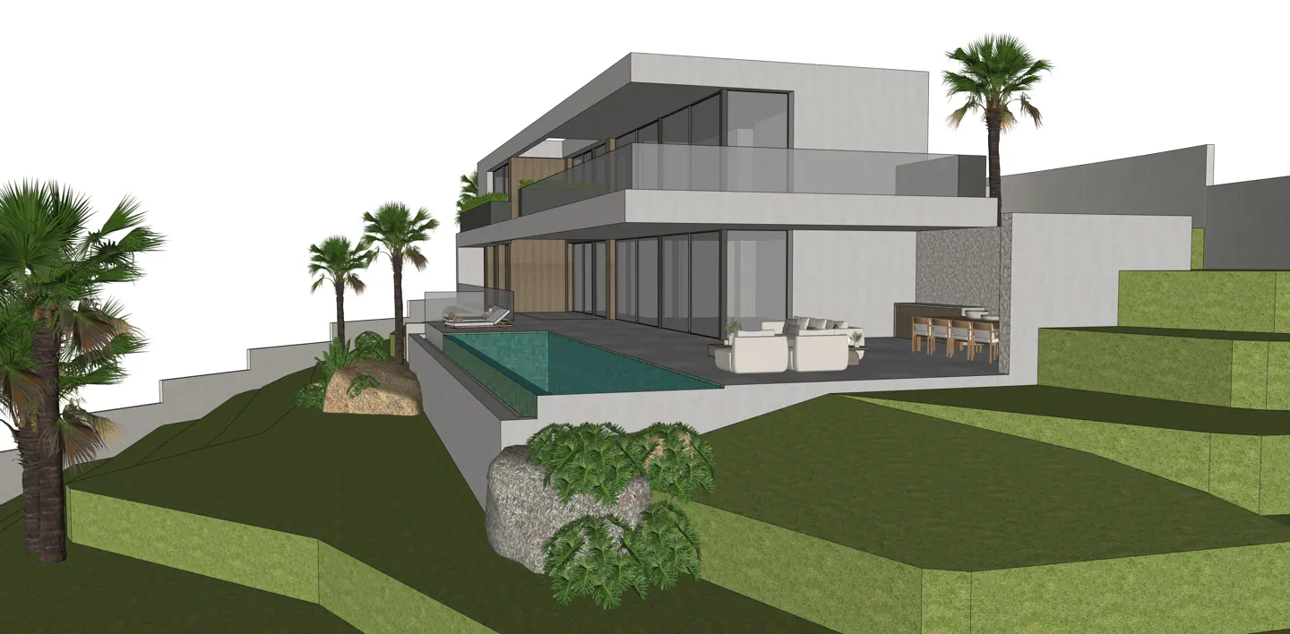 Two-story modern house with a pool on a green hillside. Palm trees and outdoor furniture are visible.