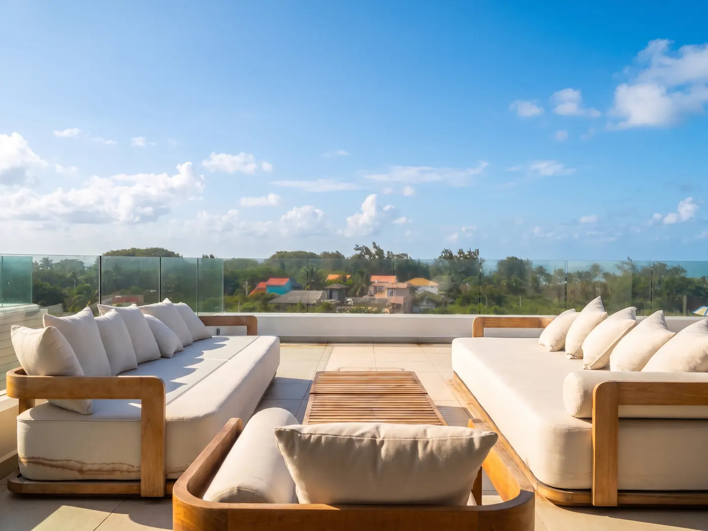 Outdoor patio with two white couches, a wooden table, and a glass railing overlooking a neighborhood and blue sky.