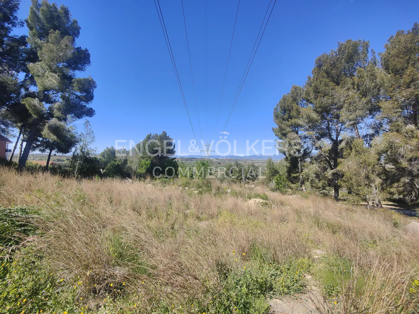 A grassy field with trees under a blue sky, power lines overhead. Engel & Völkers Commercial logo in the center.