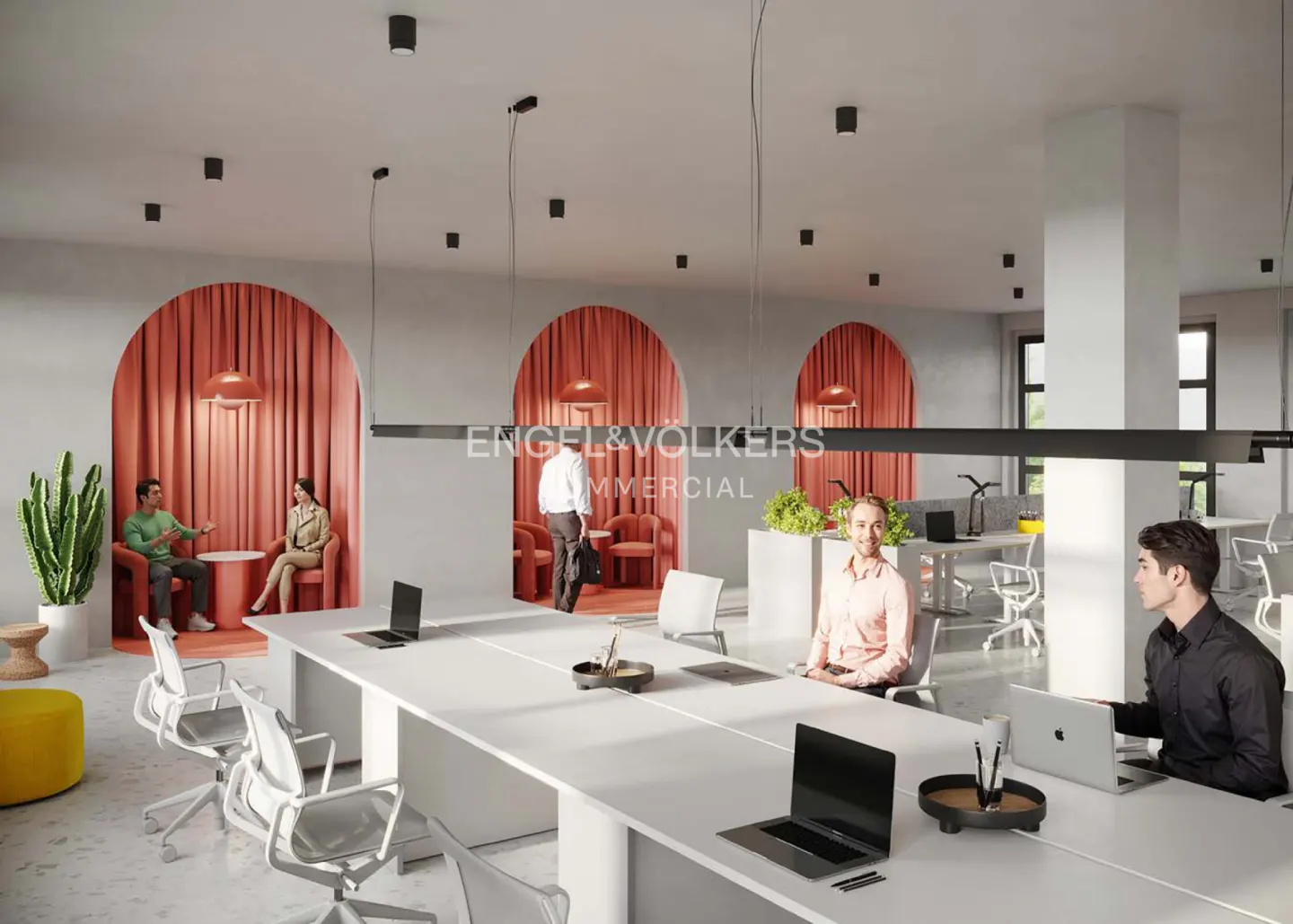 Open office space with white desks, laptops, and people working. Arched alcoves with coral curtains and seating areas are in the background.