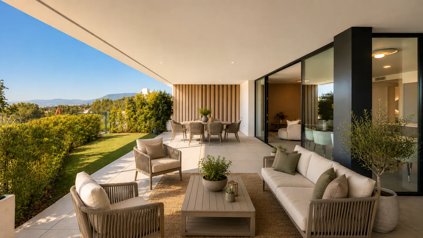 A modern patio with a dining table, sofa, chairs, and a coffee table. The patio overlooks a green lawn and trees.