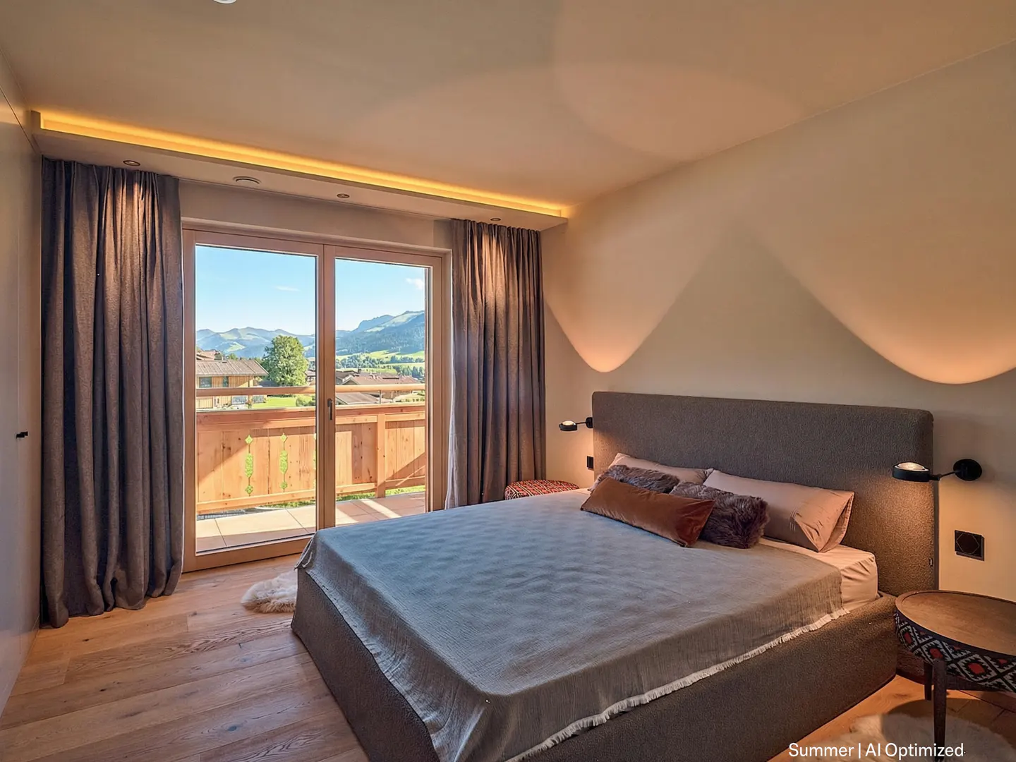 Bedroom with a gray bed, wooden floors, and a balcony with mountain views. Gray curtains frame the glass doors.