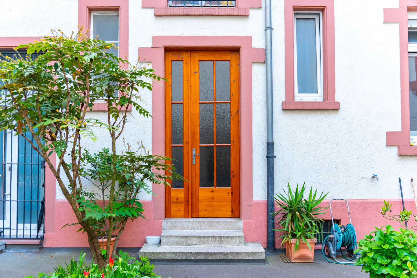 Exterior view of a white house with a wooden door, pink trim, plants, and a garden hose.