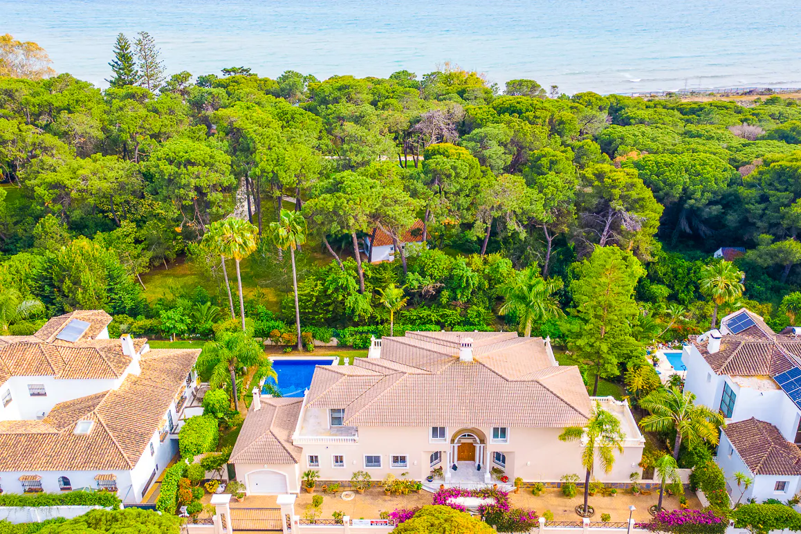 Aerial view of a beige luxury villa with a pool, surrounded by lush green trees and the ocean in the background.