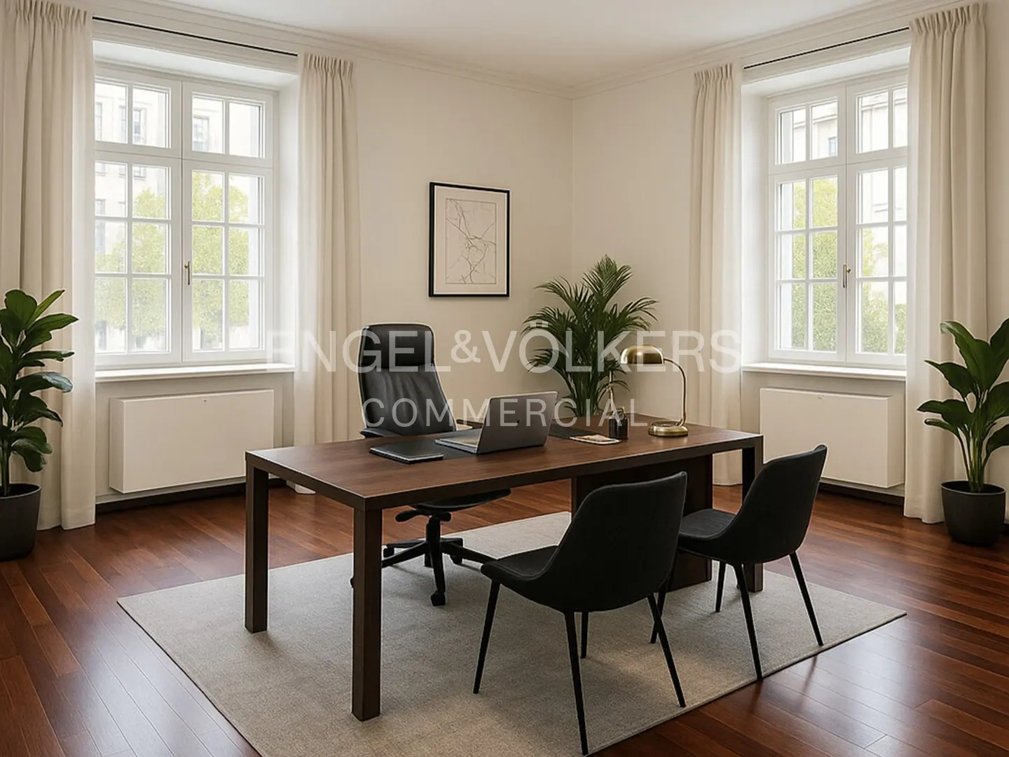 Bright office with wood floors, a desk with a laptop, two black chairs, and large windows with white curtains.