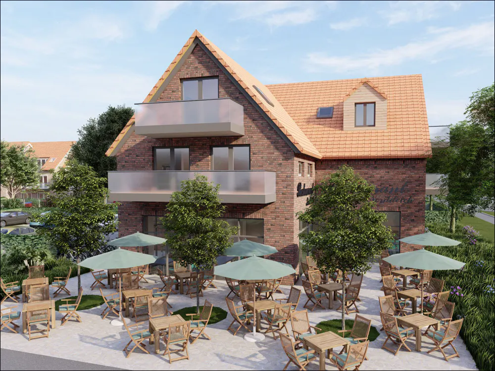 Exterior view of a brick building with a patio. Tables with umbrellas and chairs are on the patio. Balconies are on the second floor.