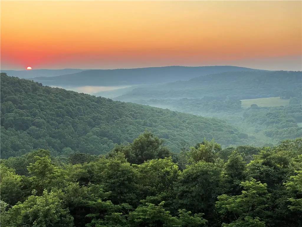Sunrise over rolling, forested hills. The sky is orange and the sun is a red orb. Mist fills the valleys.