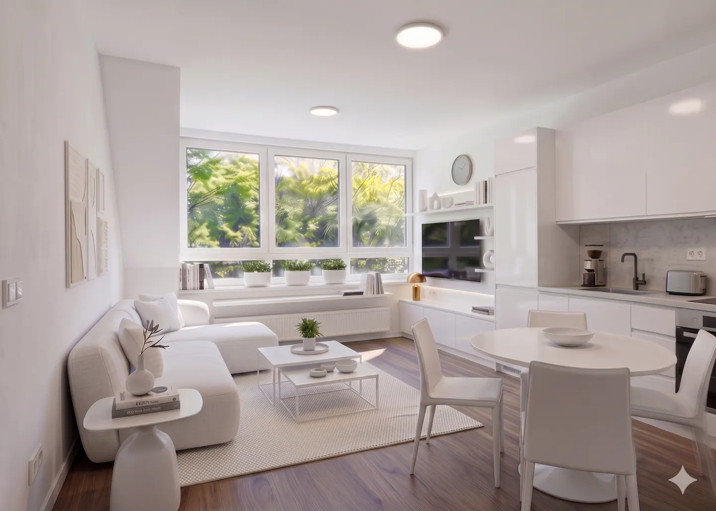 Bright, modern apartment with white walls, furniture, and kitchen. Large windows overlook green trees. Wood floors and a neutral rug add warmth.