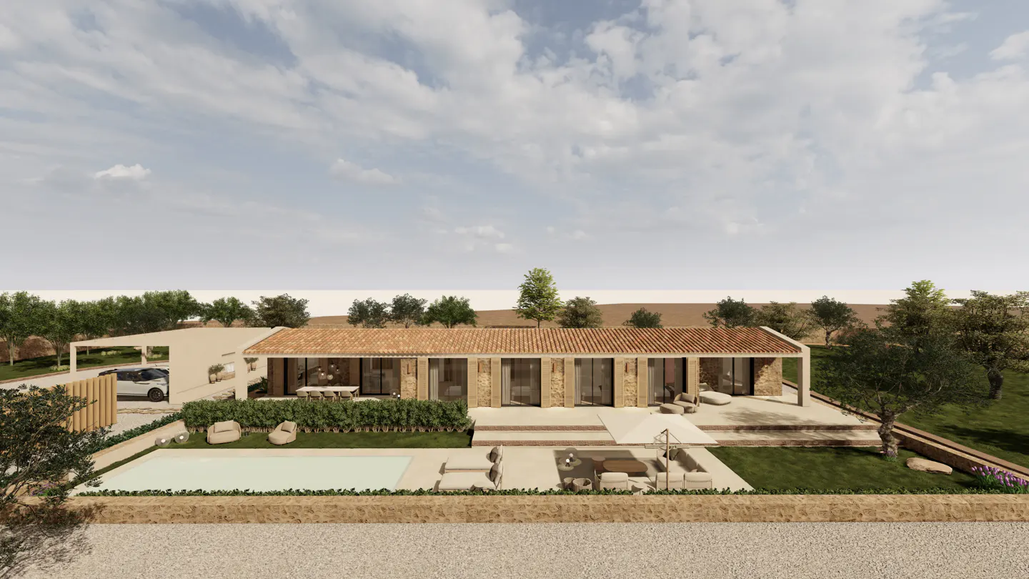 Wide shot of a modern, single-story home with a terracotta roof, pool, and outdoor seating. A car is parked in the carport.