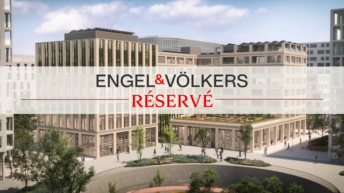 Engel & Völkers real estate listing showing modern buildings with green spaces and people walking. "Réservé" is overlaid in red.
