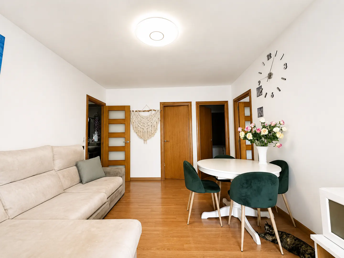 Bright living room with a beige sofa, white table with green chairs, and wooden floors. A cat is lying under the table.