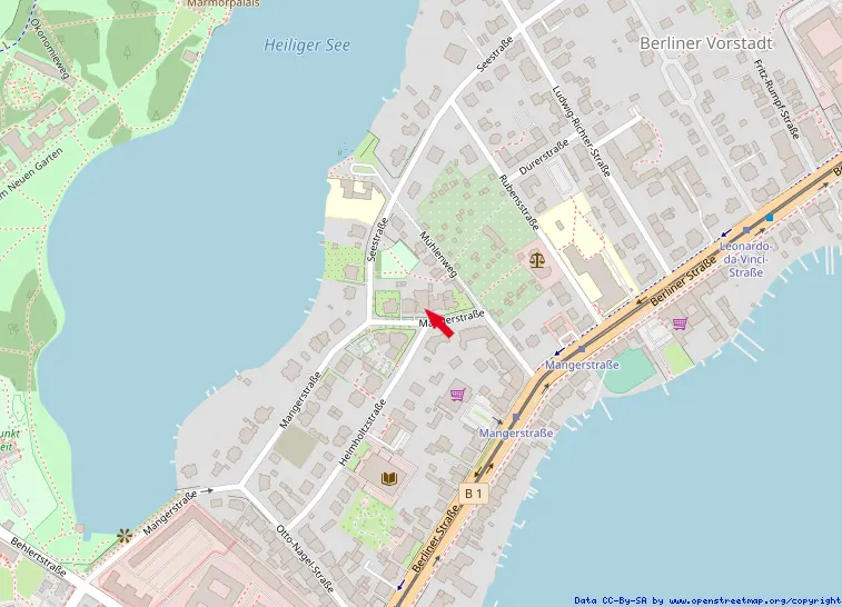Map of Berliner Vorstadt, Germany, near Heiliger See. An arrow points to a building on Mangerstraße near Mühlenweg.