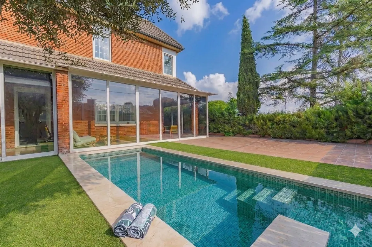 A backyard pool with turquoise water, next to a brick house with a glass-enclosed porch. Two rolled towels sit on the pool's edge.