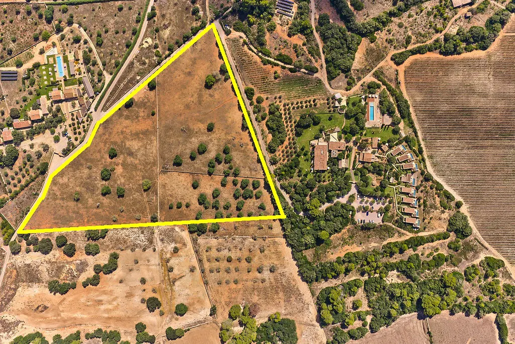Aerial view of a triangular plot of land outlined in yellow, surrounded by trees, fields, and buildings.