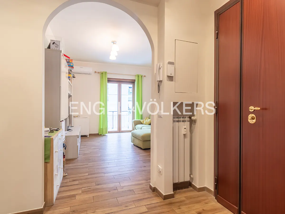 A bright apartment hallway with wood floors, a brown door, and an arched doorway to a living room.