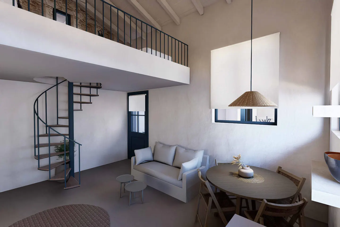 Bright living room with a spiral staircase leading to a loft. A gray sofa, round table, and woven pendant light furnish the space.