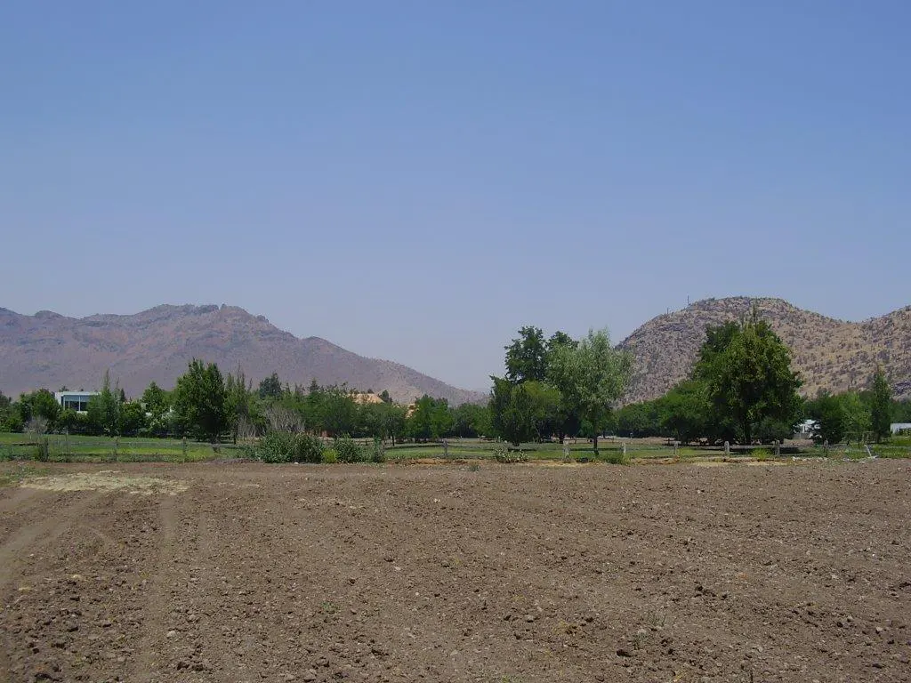 A landscape view of a plowed field with mountains and trees under a blue sky.