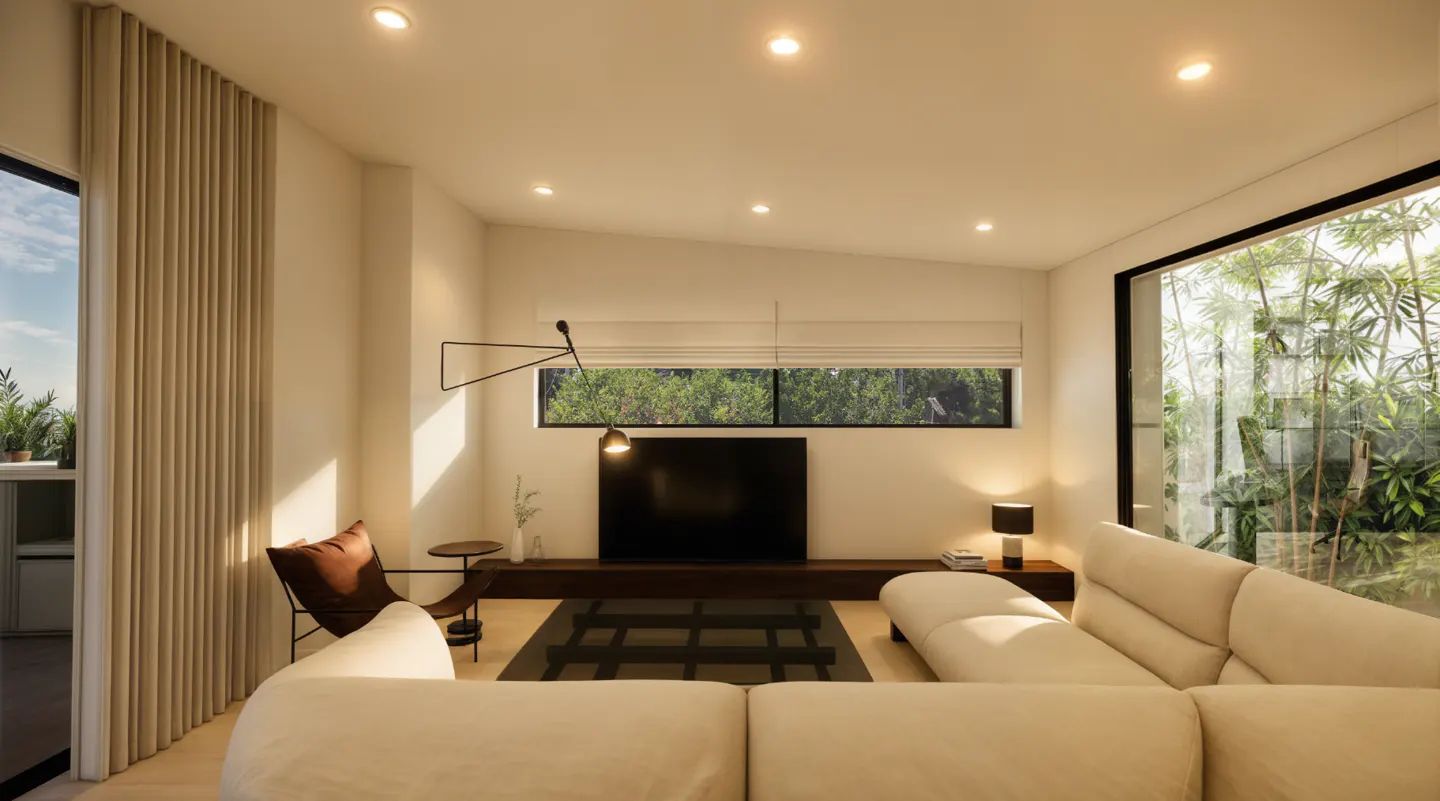 Bright living room with a cream sectional sofa, TV, and large windows with greenery outside. Neutral tones and modern design.