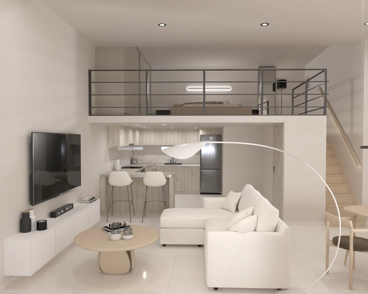 Bright, modern apartment interior with a loft bedroom above the kitchen. White sofa, TV, and light wood table are visible.