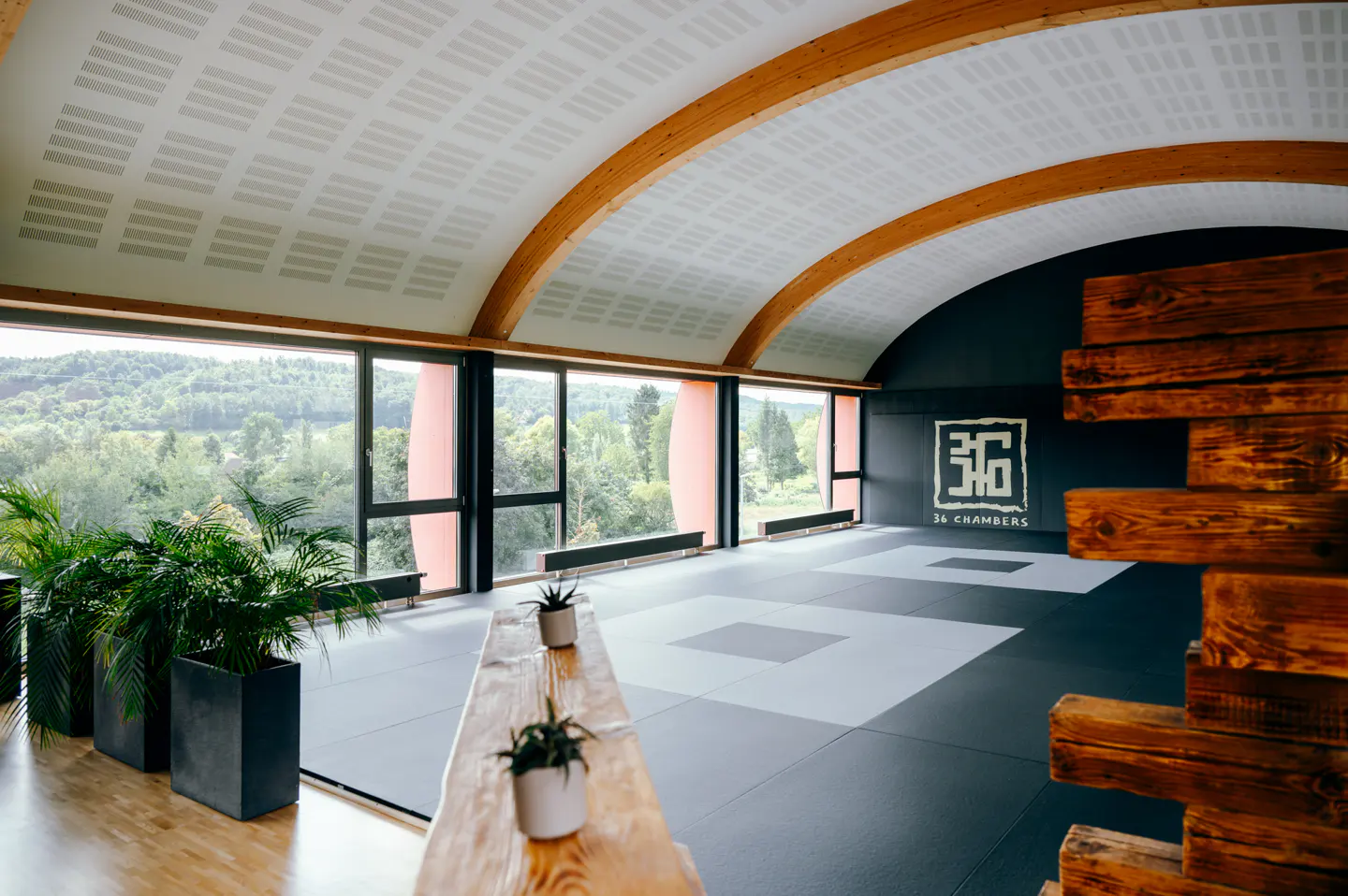 Bright, modern martial arts studio with a curved wood beam ceiling, large windows overlooking a green landscape, and a black and gray mat floor.