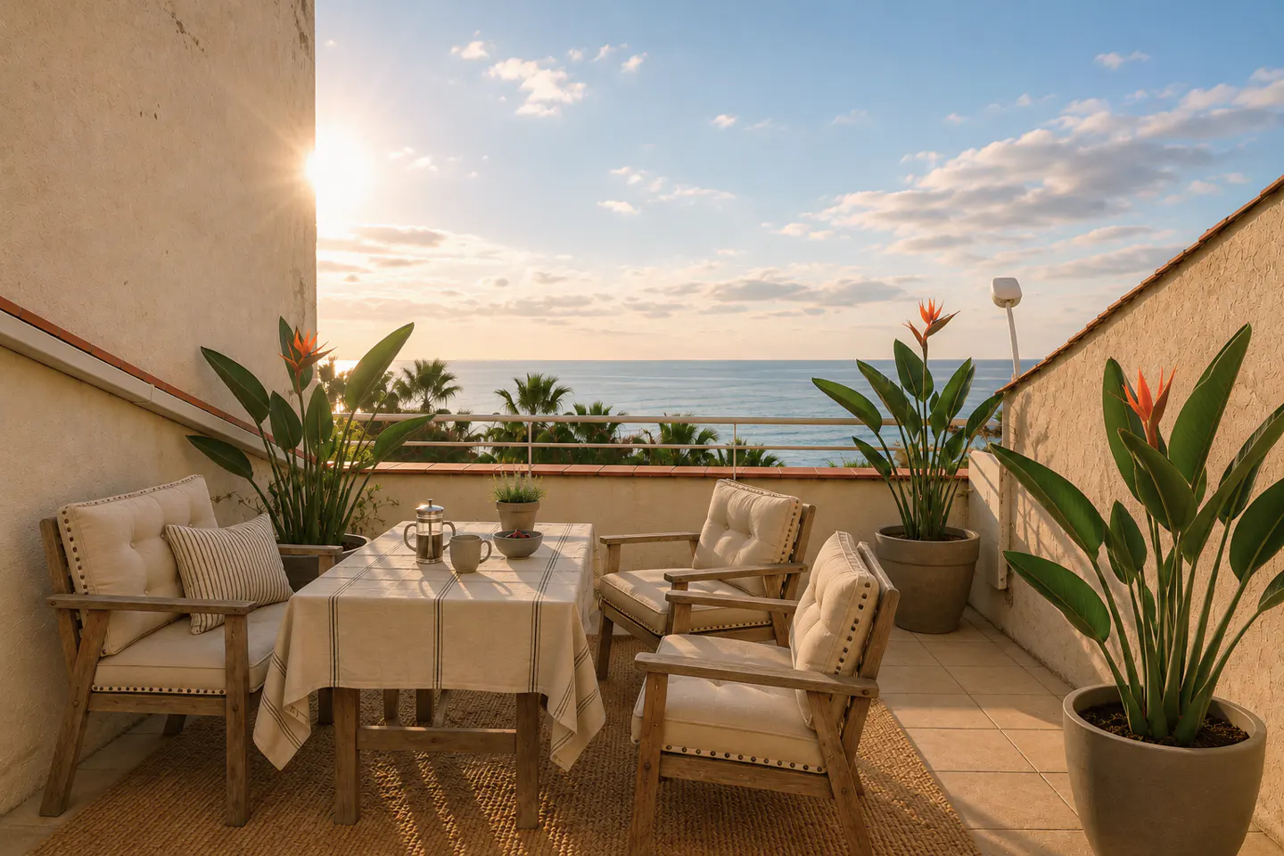 Balcony with a table, chairs, and ocean view. Bird of paradise plants add color. The sun shines brightly in the sky.