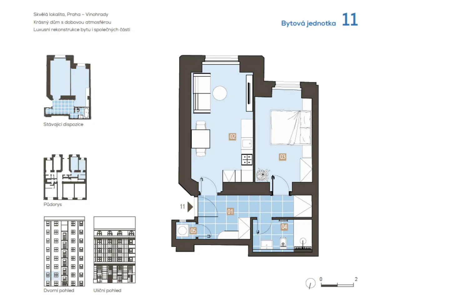 Floor plan of apartment 11 in Prague-Vinohrady. The layout includes a living room, kitchen, bedroom, and bathroom. Building elevations are also shown.