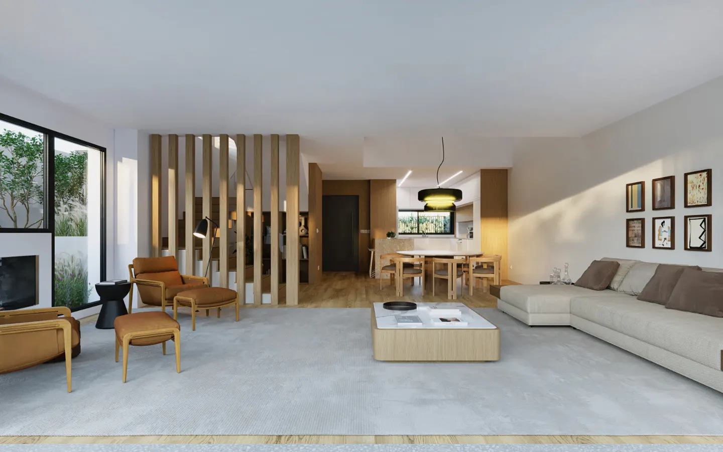 A bright, open-concept living space with a tan sectional, dining table, and brown leather chairs. A wooden slat wall divides the space.