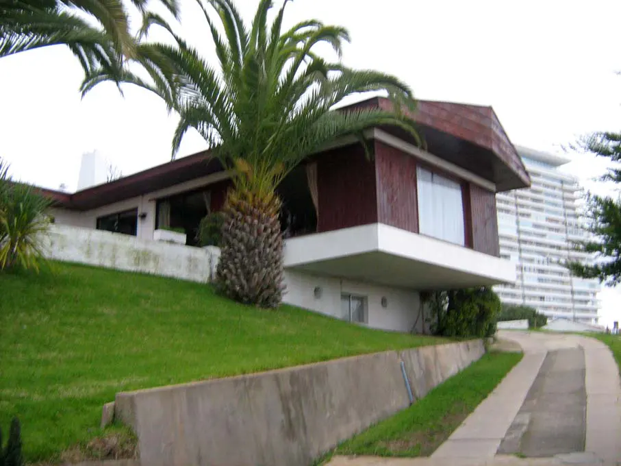 A modern house with a brown roof and white walls sits on a green lawn with a palm tree in front.