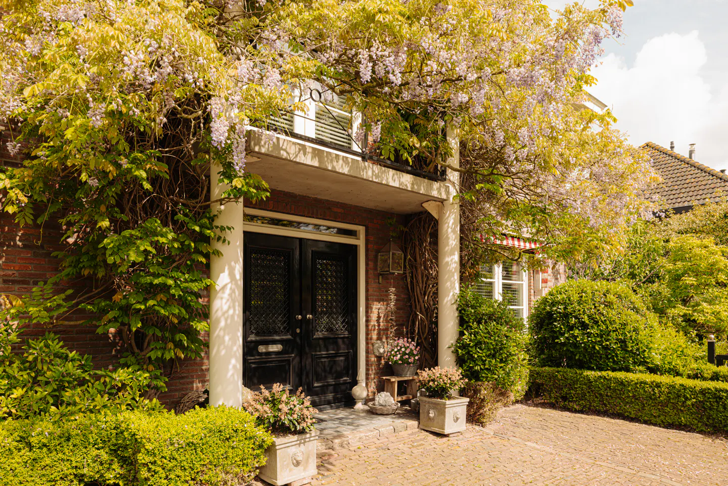 Brick house with black double doors framed by white columns and wisteria. Manicured green bushes line the walkway.